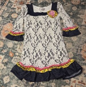 Rare Editions Navy and White Lace Dress with Pink and Yellow Accents
